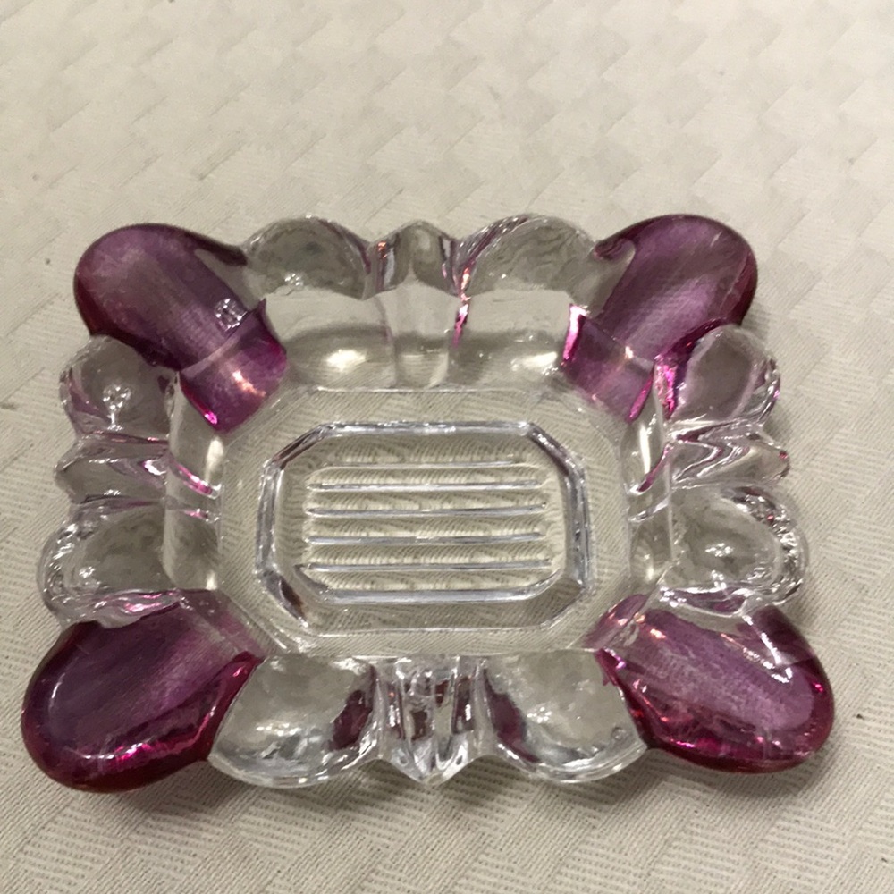Vintage Tiny Ashtray Pink Accented Clear Glass